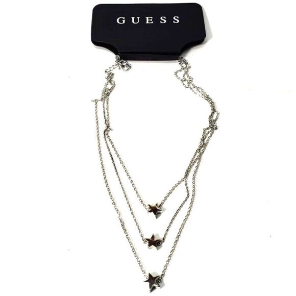GUESS Polished Silver tone Layered Star Shaped Beads Design Necklace 16"+3.5" - Picture 5 of 7